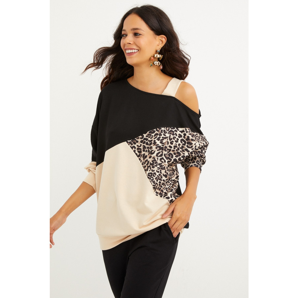 Cool & Sexy Kadın Camel-Siyah Tek Omuz Leopar Desen Bloklu Sweatshirt L Beden Bayan Sweatshirt Fiyatı