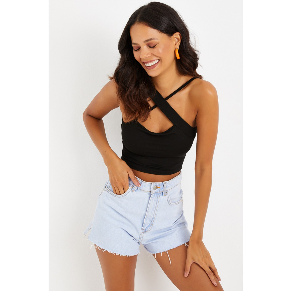 Cool & Sexy Kadın Siyah Çapraz Askı Viskon Crop Bluz M Beden Bluz Fiyatı