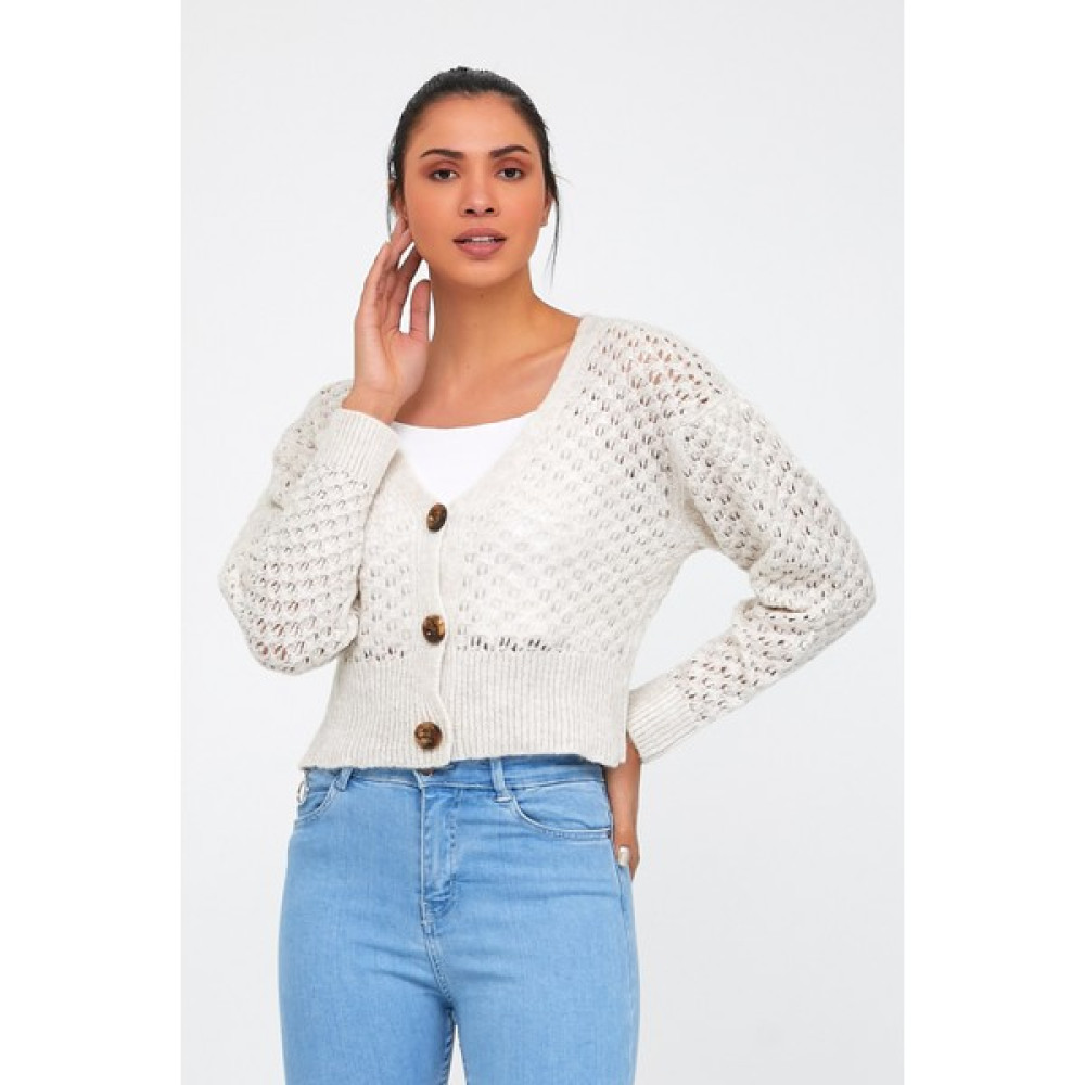 Cool Style Kadın Ekru Delikli Ajurlu Crop Triko Hırka Kadın Hırka Fiyatı