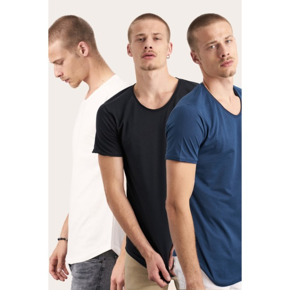 Cool Tarz 3'lü Paket Beyaz-Siyah-Lacivert Pis Yaka Salaş T-Shirt Erkek T-shirt Fiyatı