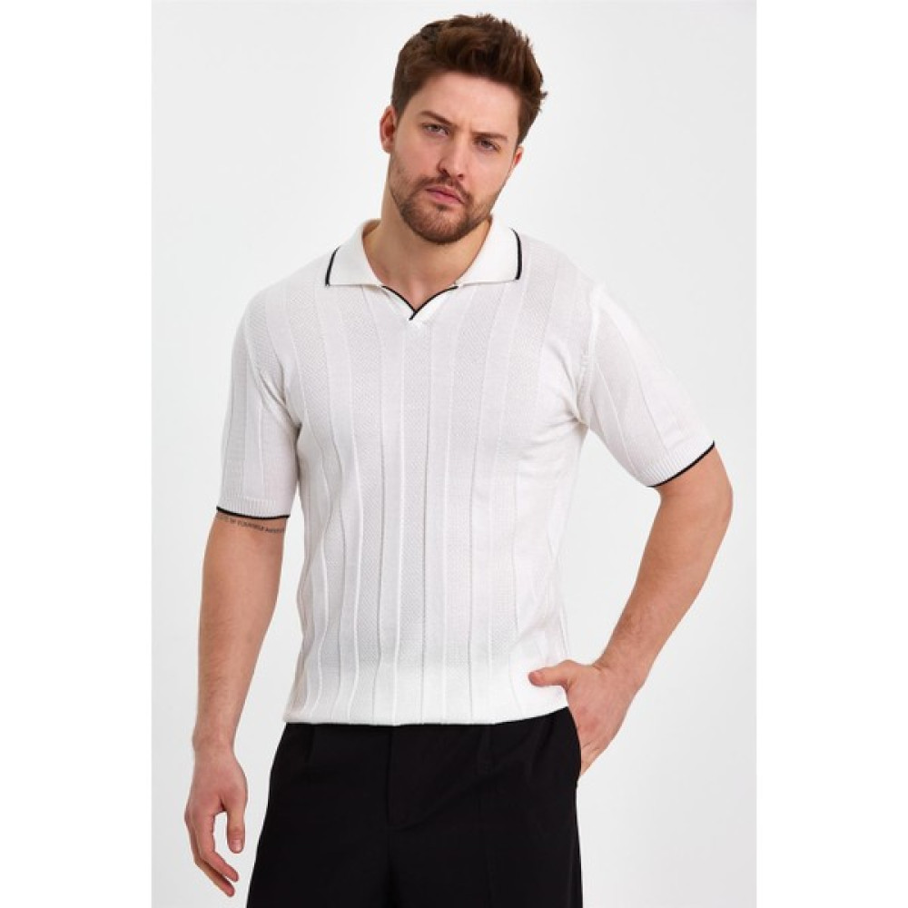 Cool Tarz Beyaz Erkek Polo Yaka Çizgili Triko T-SHIRT-TRZ19109R05S Erkek T-shirt Fiyatı