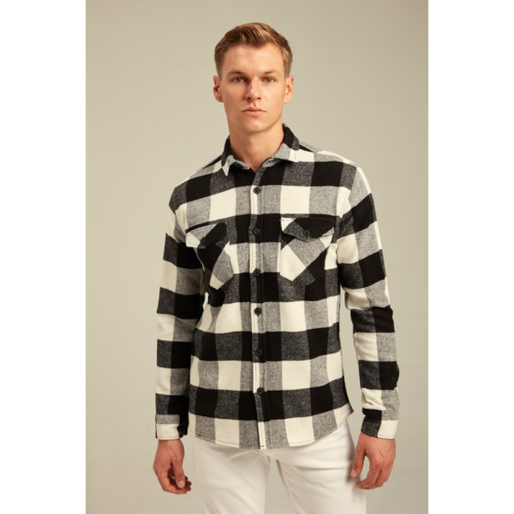 Cool Tarz Beyaz Erkek Slim Fit Düğmeli Yaka Çift Cepli Oduncu Ekose Gömlek Erkek Gömlek Fiyatı