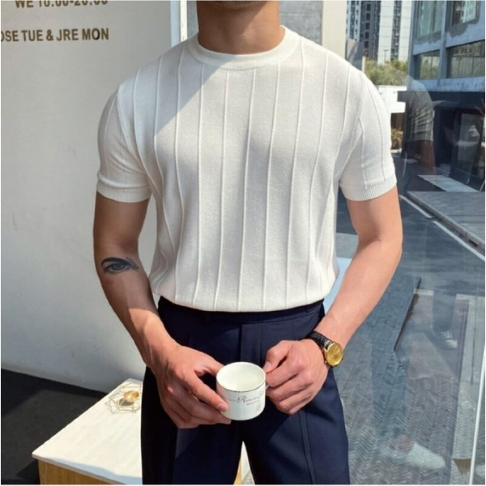 Cool Tarz Beyaz Erkek Yuvarlak Yaka Örme TShirt Erkek T-shirt Fiyatı