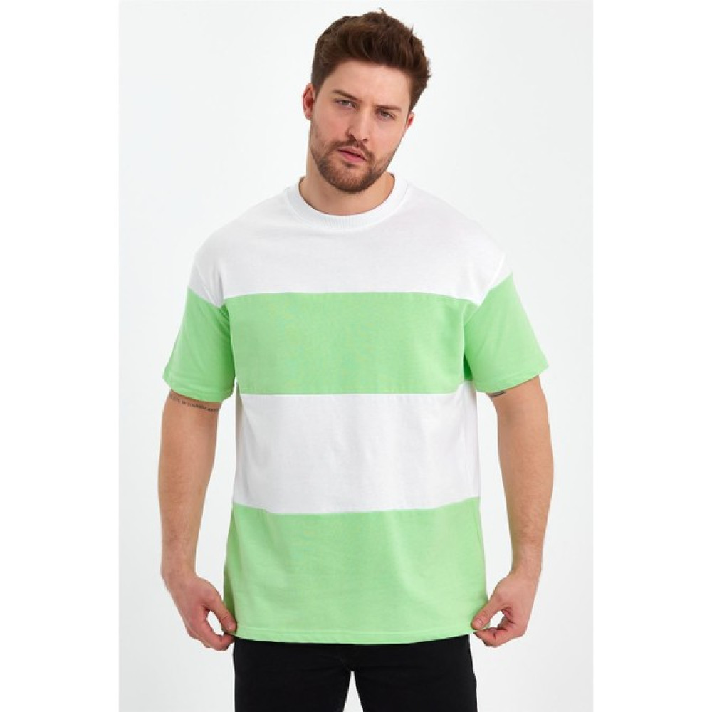 Cool Tarz Beyaz-Yeşil Erkek 3 Iplik Parçalı Çok Renkli Bisiklet Yaka T-SHIRT-PRCLSWTTR08S Erkek T-shirt Fiyatı