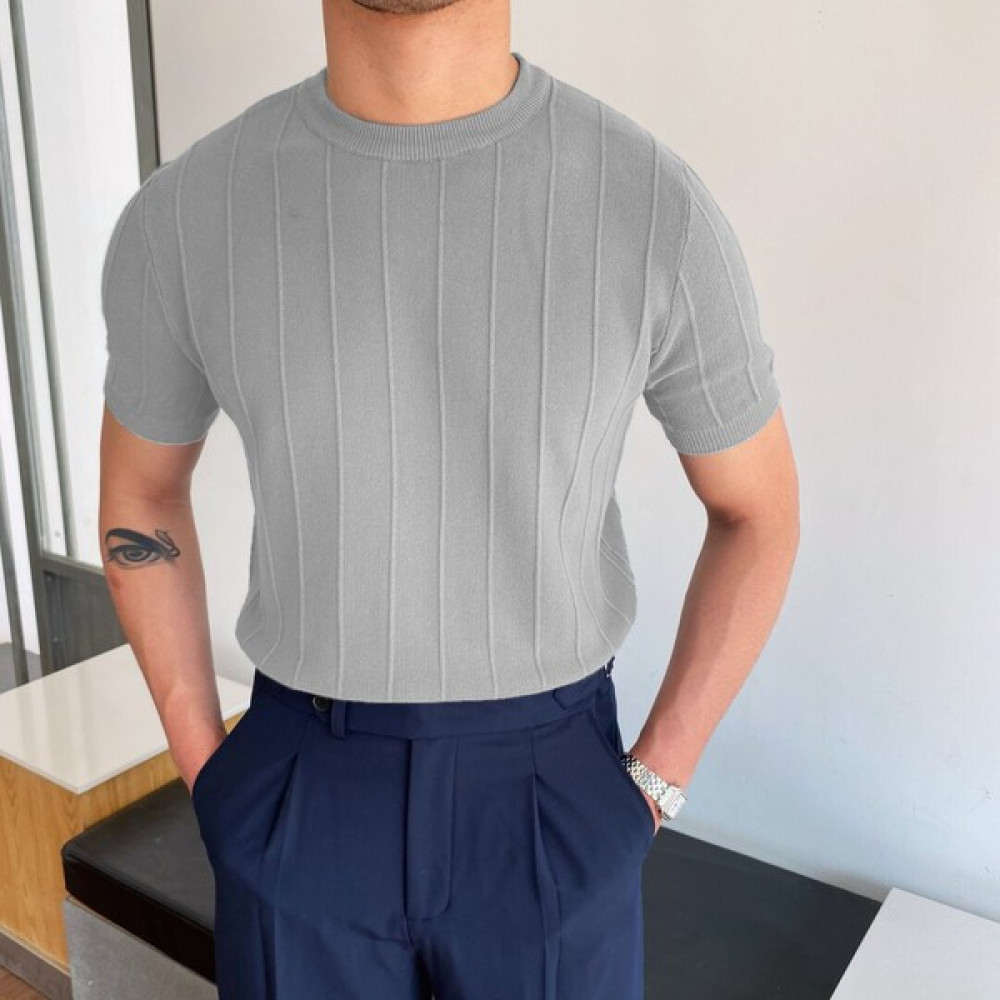 Cool Tarz Gri Erkek Yuvarlak Yaka Örme T-Shirt Erkek T-shirt Fiyatı