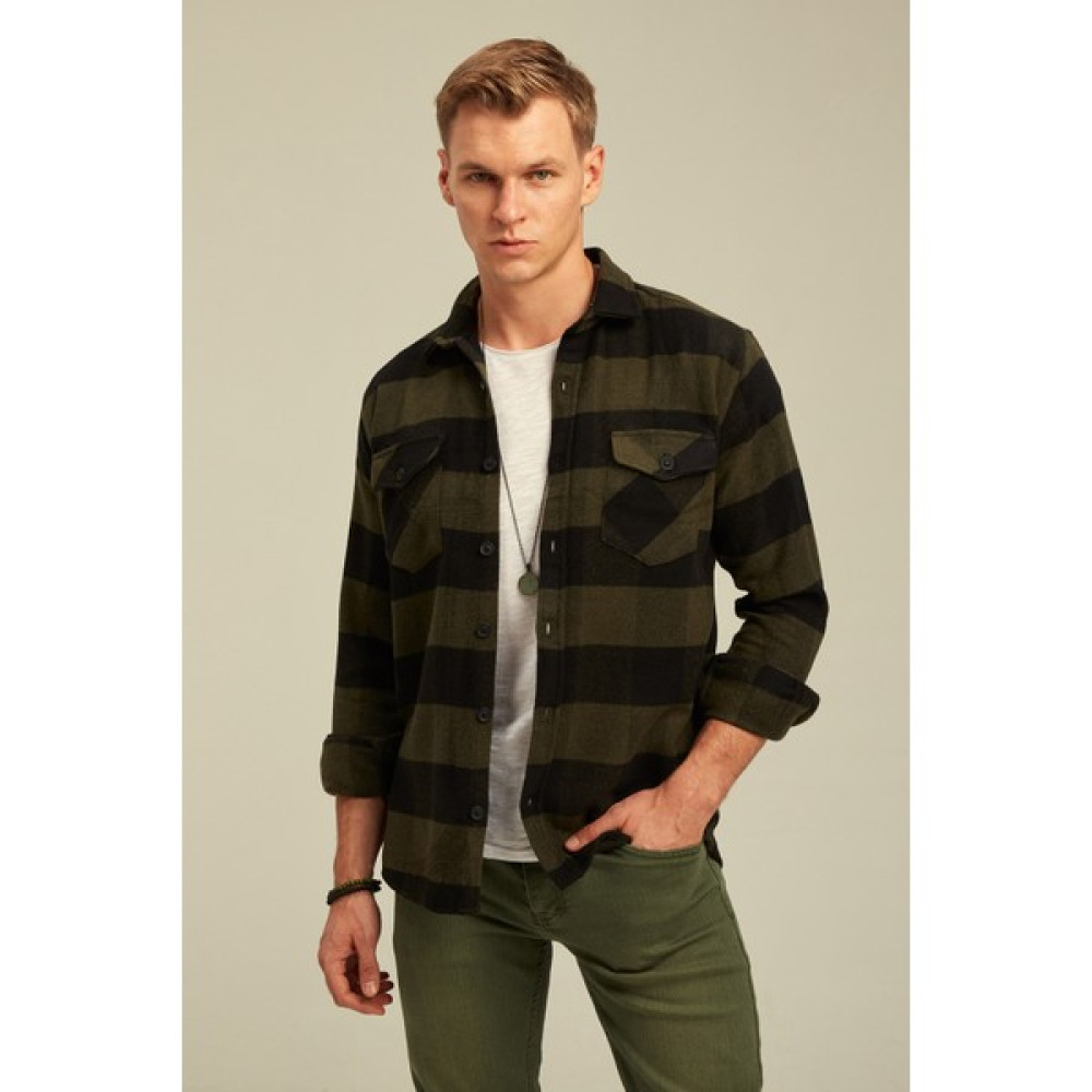 Cool Tarz Haki Erkek Slim Fit Düğmeli Yaka Çift Cepli Oduncu Ekose Gömlek Erkek Gömlek Fiyatı