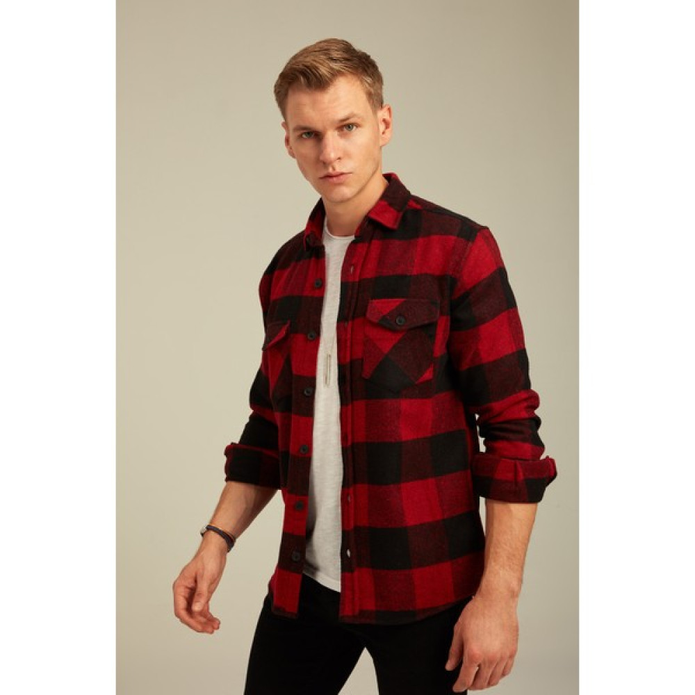 Cool Tarz Kırmızı Erkek Slim Fit Düğmeli Yaka Çift Cepli Oduncu Ekose Gömlek Erkek Gömlek Fiyatı