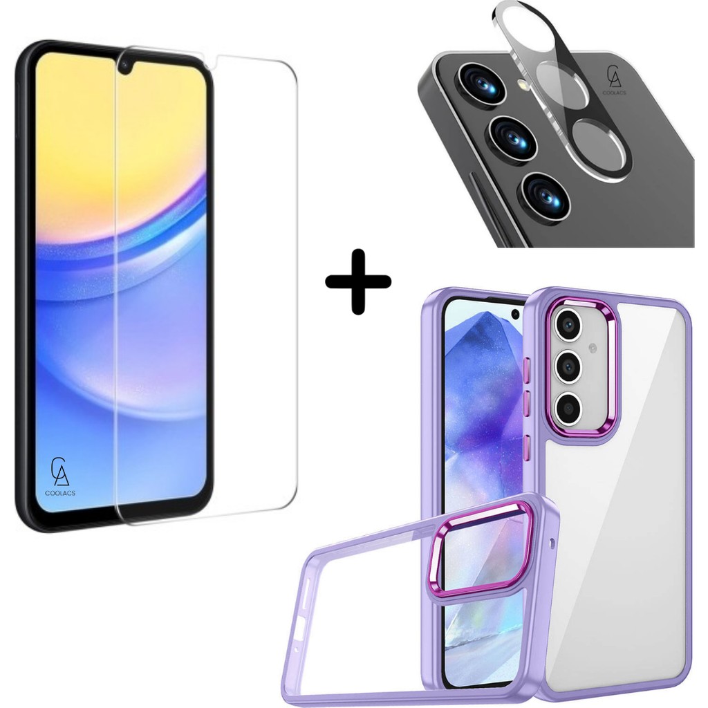 Coolacs Samsung Galaxy A15 Uyumlu Pastel Renk Telefon Kılıfı Temperli Cam Ekran ve Kamera Koruyucu - Lila Cep Telefonu Kılıfı Fiyatı