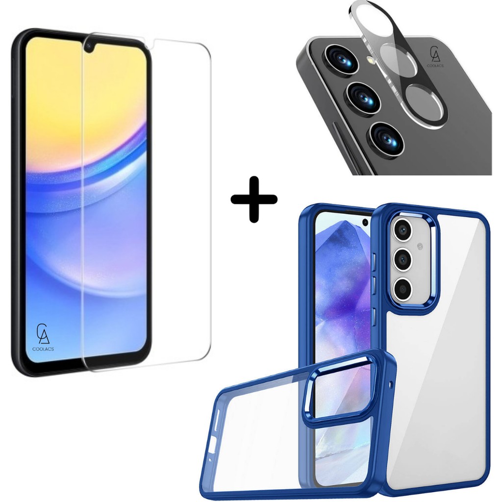 Coolacs Samsung Galaxy A15 Uyumlu Pastel Renk Telefon Kılıfı Temperli Cam Ekran ve Kamera Koruyucu - Mavi Cep Telefonu Kılıfı Fiyatı