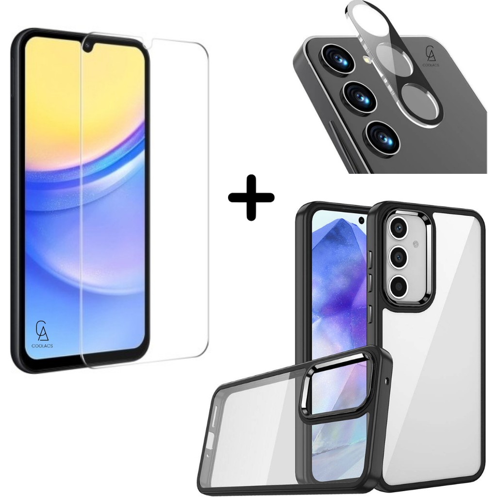 Coolacs Samsung Galaxy A15 Uyumlu Pastel Renk Telefon Kılıfı Temperli Cam Ekran ve Kamera Koruyucu - Siyah Cep Telefonu Kılıfı Fiyatı