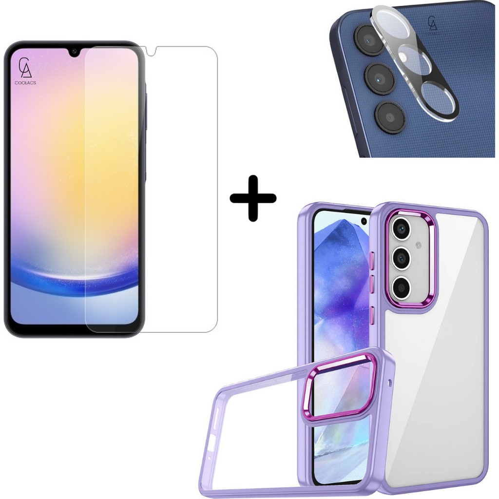 Coolacs Samsung Galaxy A25 Uyumlu Pastel Renk Telefon Kılıfı Temperli Cam Ekran ve Kamera Koruyucu - Lila Cep Telefonu Kılıfı Fiyatı