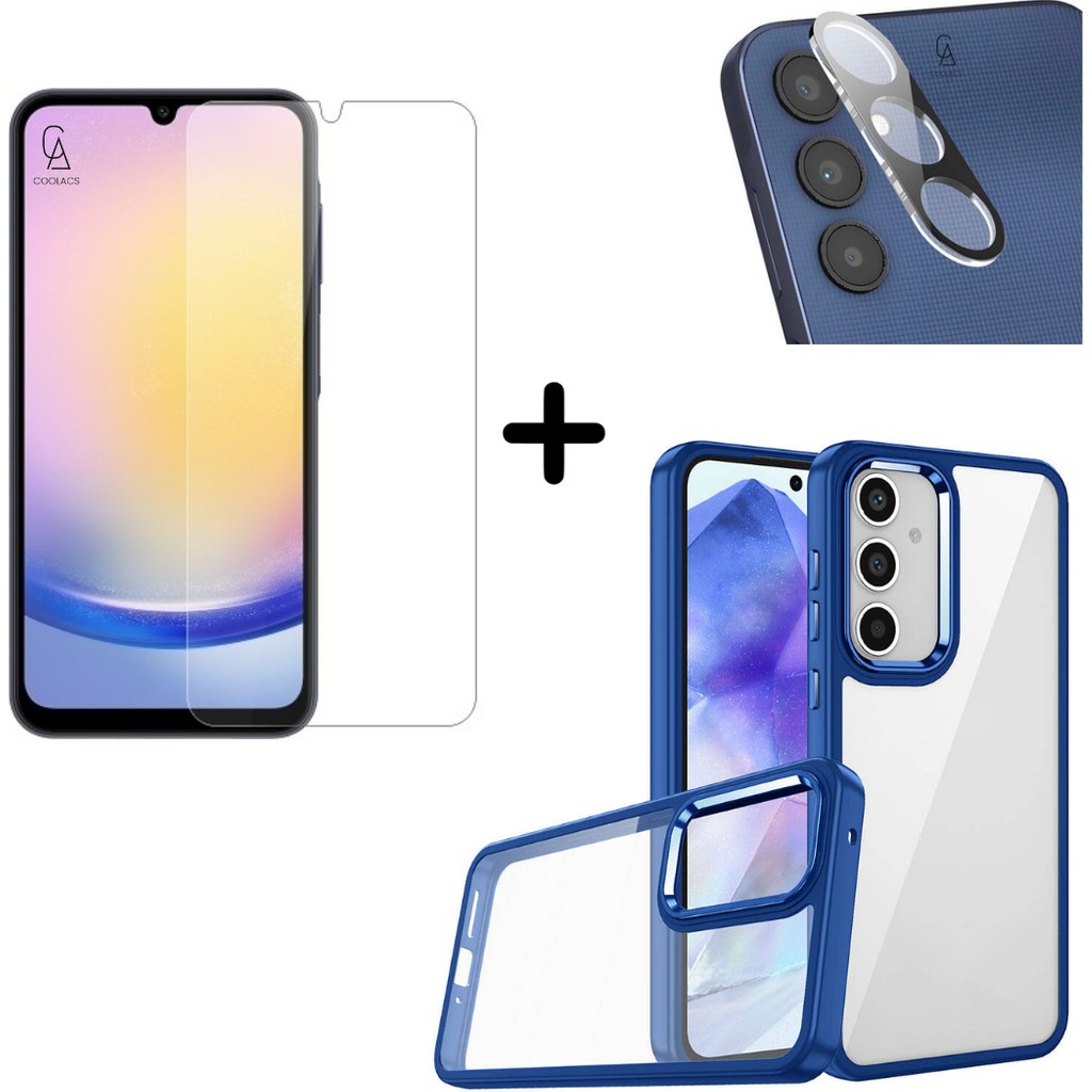 Coolacs Samsung Galaxy A25 Uyumlu Pastel Renk Telefon Kılıfı Temperli Cam Ekran ve Kamera Koruyucu - Mavi Cep Telefonu Kılıfı Fiyatı