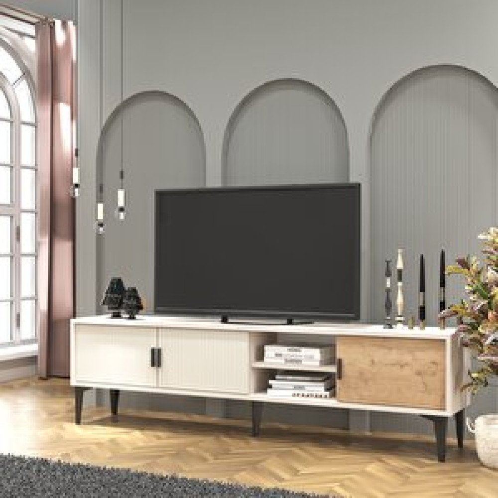 Coolhome Marin Tv Ünitesi Tv Sehpası 180 Cm Çizgi Desenli , Raflı , Sis Gri Tv Ünitesi / Sehpası Fiyatı