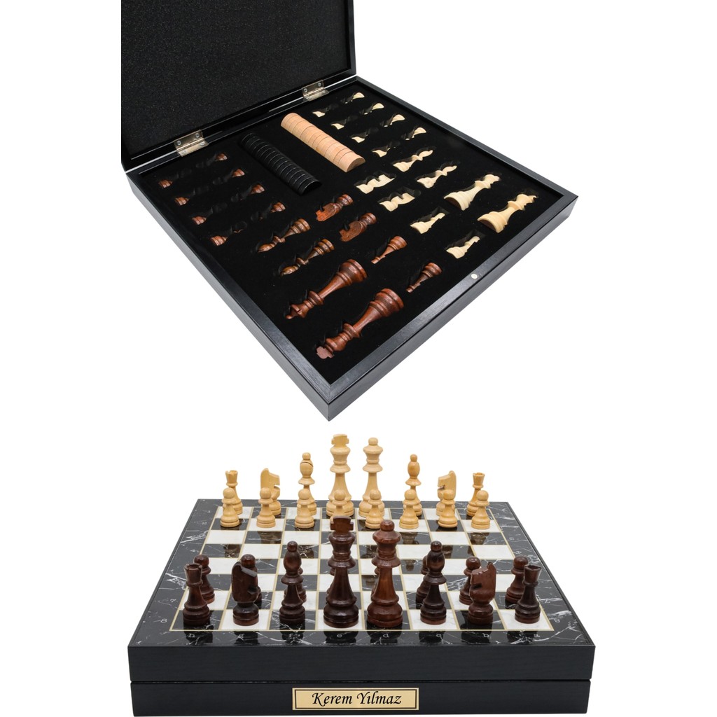 Cooper Chess Kutulu Ahşap Satranç ve Dama Takımı | Kişiye Özel Metal Etiketli | 36CM Ahşap Mermer Desenli Kutulu Satranç Takımı - Mermer Kutu Satranç Fiyatı