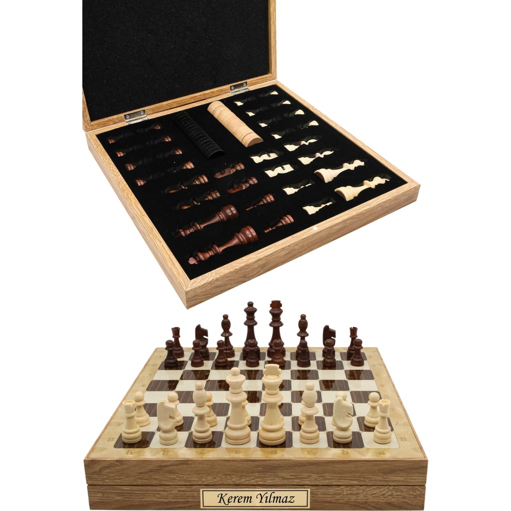 Cooper Chess Kutulu Ahşap Satranç ve Dama Takımı | Kişiye Özel Metal Etiketli | 36CM Ahşap Meşe Desenli Kutulu Satranç Takımı - Meşe Kutu Satranç Fiyatı