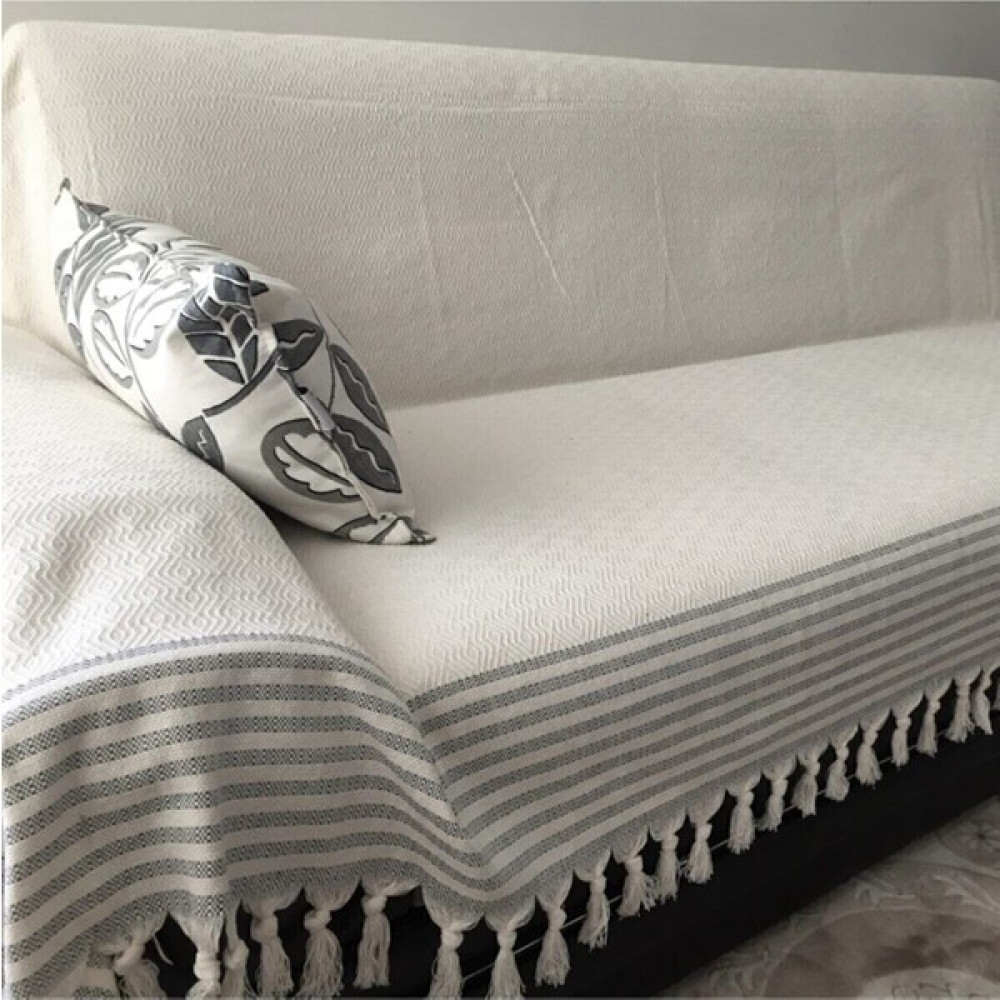 Coperta Kolları Örten Pamuklu Koltuk Örtüsü Krem zemin-Gri çizgili - 180 x 300 cm Koltuk & Kanepe Örtüsü Fiyatı