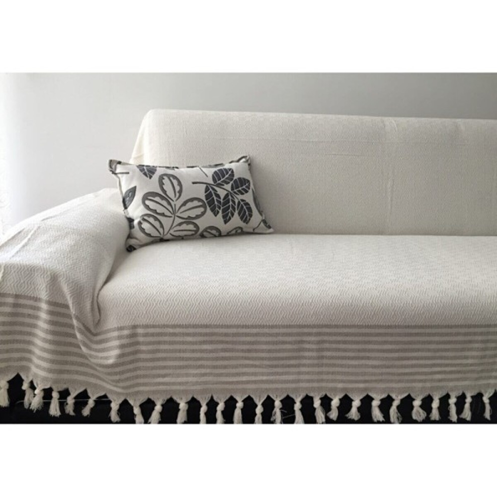 Coperta Kolları Örten Pamuklu Koltuk Örtüsü Krem zemin-Vizon çizgili - 170 x 300 cm - Vizon Koltuk & Kanepe Örtüsü Fiyatı