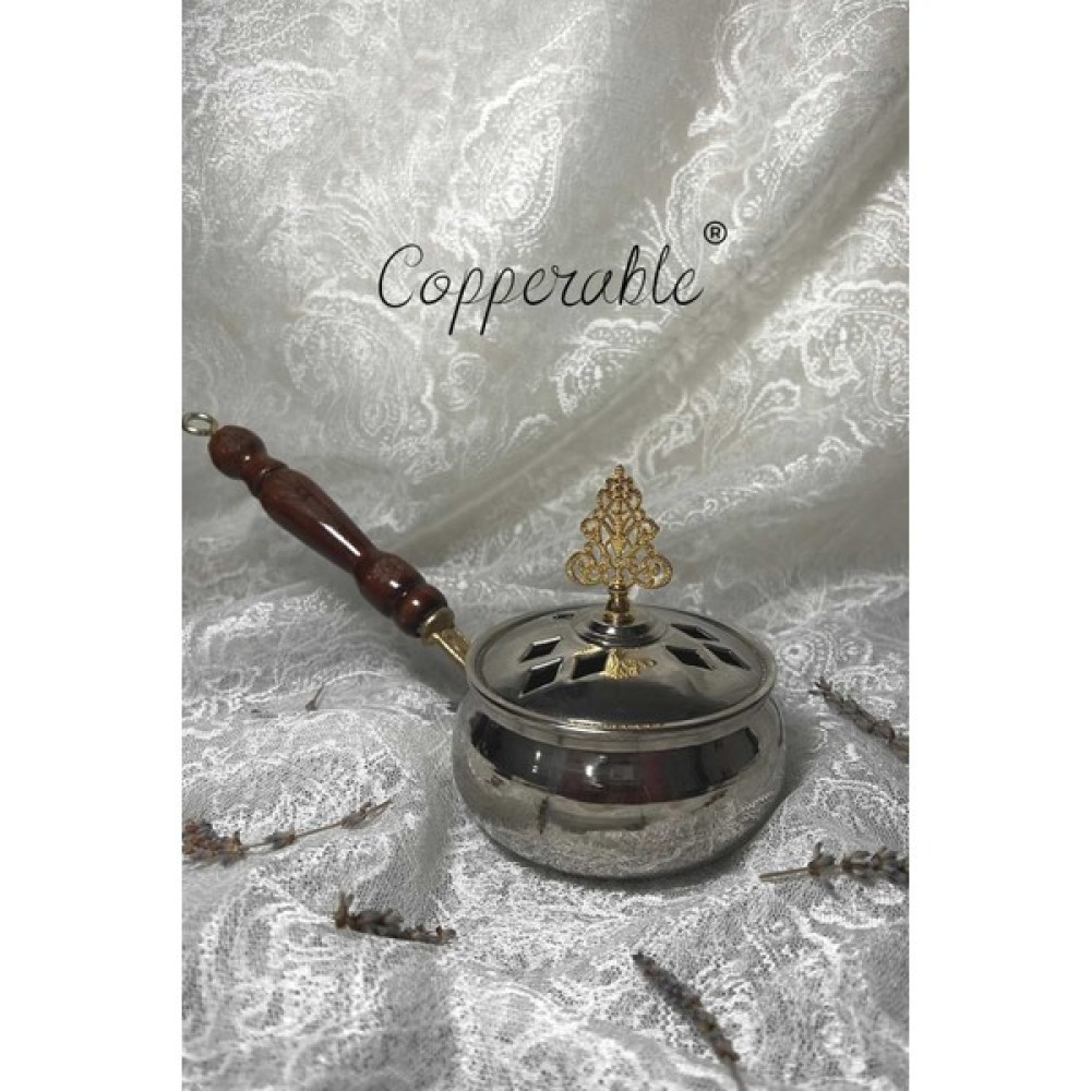 Copperable El Yapımı Kapaklı Büyük Boy Bakır Buhurdanlık & Tütsülük Cezve Sosluk 1. Kalite - Gri-Beyaz Dekoratif Mum Fiyatı