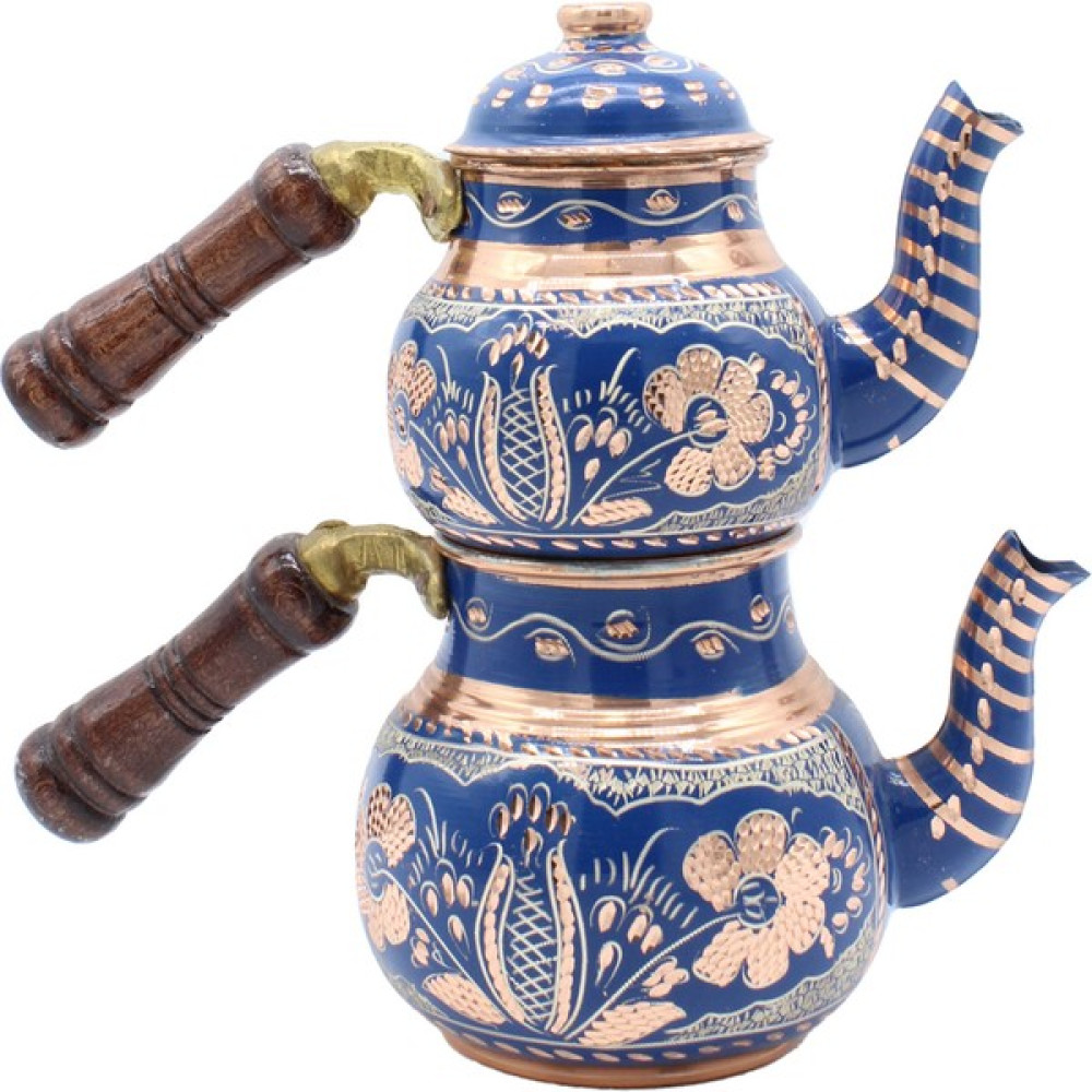 Copperdone Erzincan El Işlemeli Ahşap Saplı Çiçekli Bakır Çaydanlık Küçük Mavi Çay / Çaydanlık Setleri Fiyatı