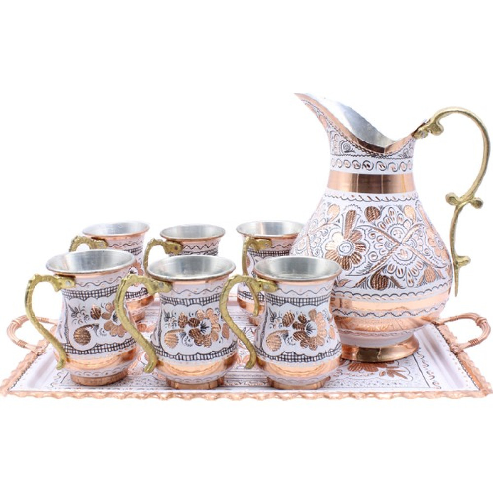 Copperdone Erzincan El Işlemeli Dikdörtgen Tepsili Bakır Ayran Ve Içecek Seti 6 Kişilik Beyaz Renk - 2 L Sürahi Fiyatı