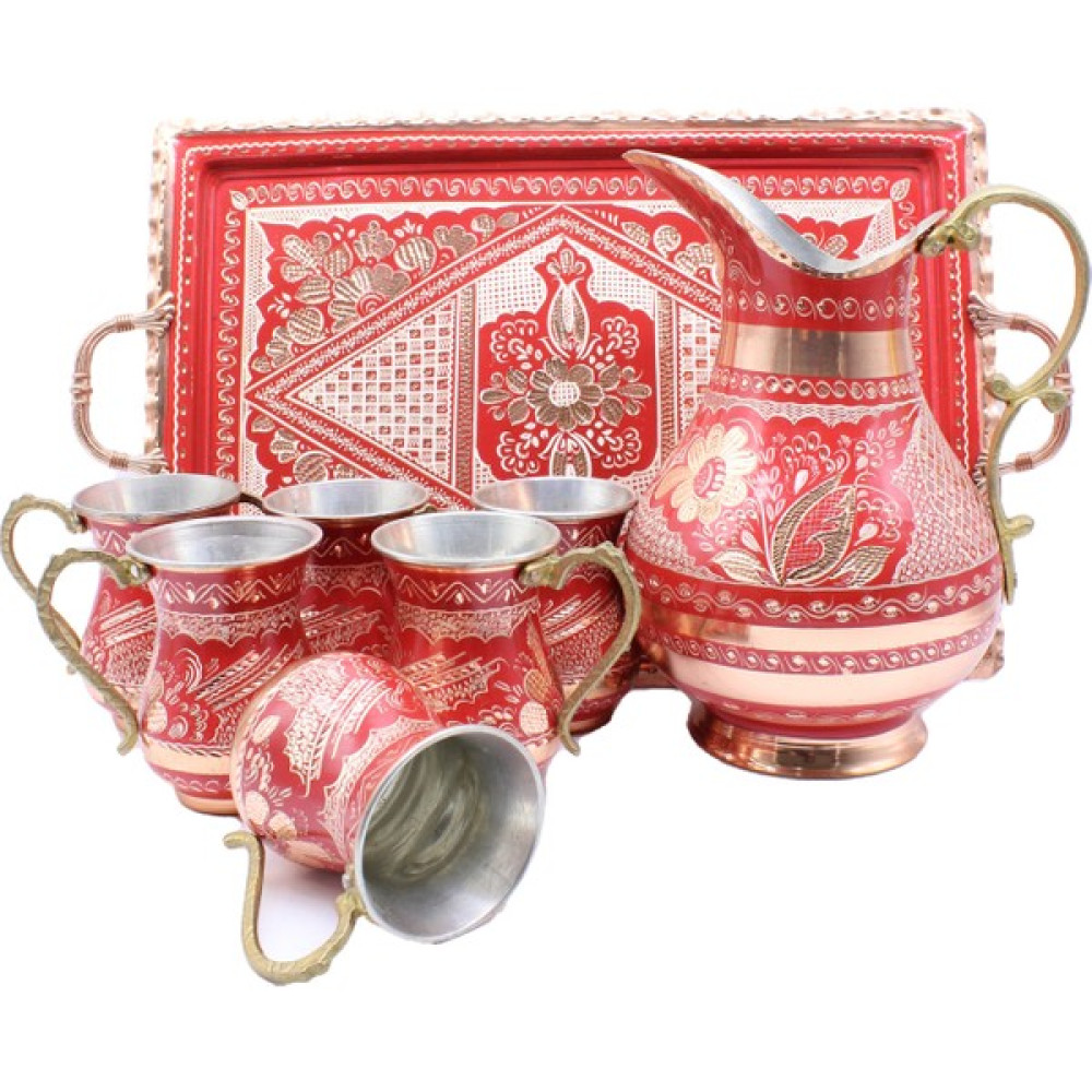 Copperdone Erzincan El Işlemeli Dikdörtgen Tepsili Bakır Ayran Ve Içecek Seti 6 Kişilik Kırmızı Renk - 2 L Sürahi Fiyatı