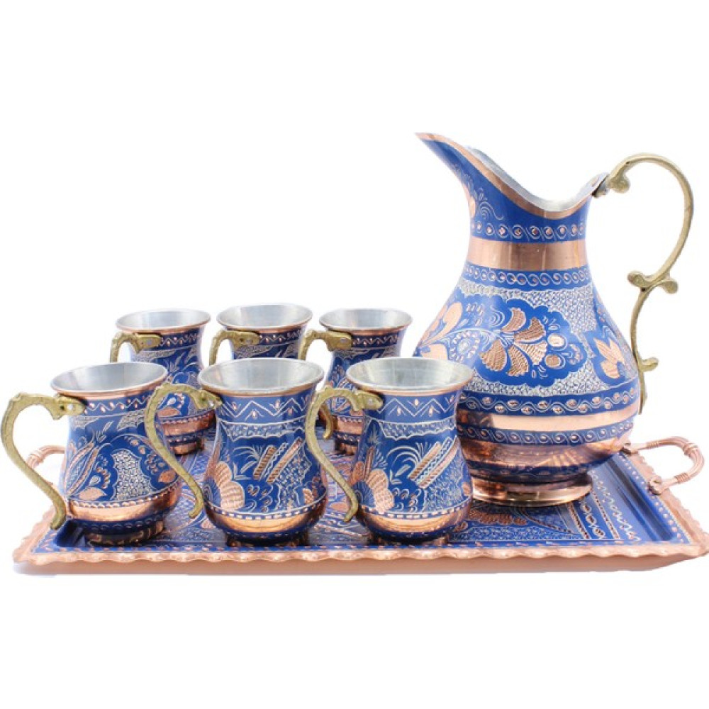 Copperdone Erzincan El Işlemeli Dikdörtgen Tepsili Bakır Ayran Ve Içecek Seti 6 Kişilik Mavi Renk - 2 L Sürahi Fiyatı