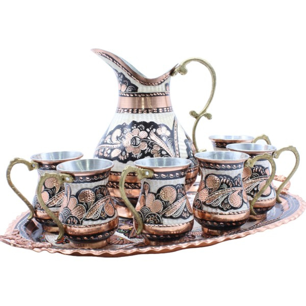 Copperdone Erzincan El Işlemeli Oval Tepsili Bakır Ayran Ve Içecek Seti 6 Kişilik Siyah - 2 L Sürahi Fiyatı