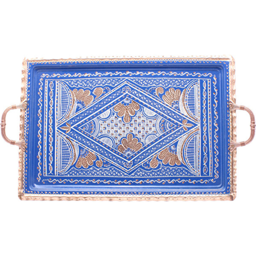 Copperdone Erzincan El Işlemesi Dikdörtgen Bakır Çay Kahve Tepsisi Mavi Renk 39x26cm - 39 cm Servis Tepsisi Fiyatı