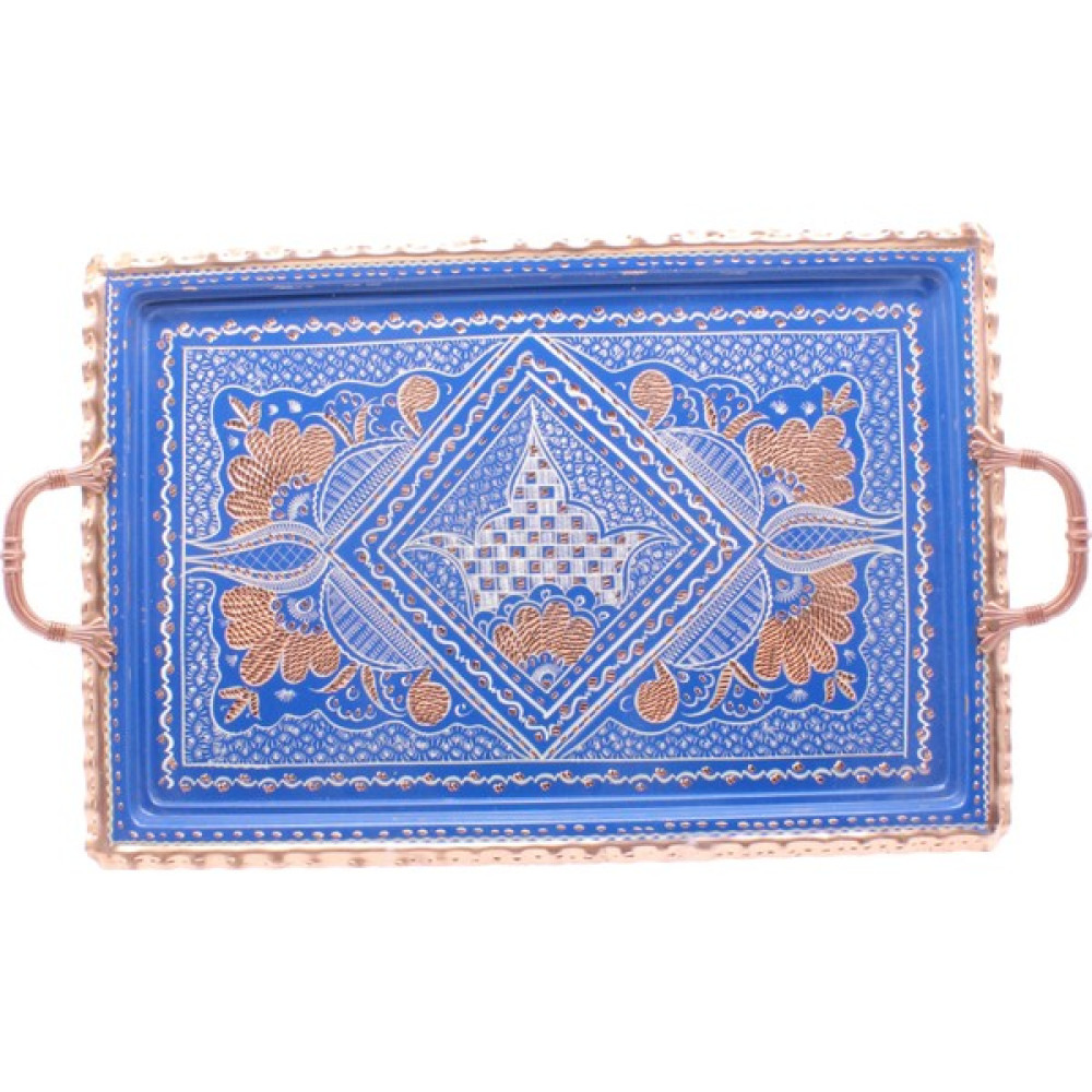 Copperdone Erzincan El Işlemesi Otantik Dikdörtgen Bakır Çay Kahve Servis Tepsisi Mavi Renk 39X26CM - 39 cm Servis Tepsisi Fiyatı