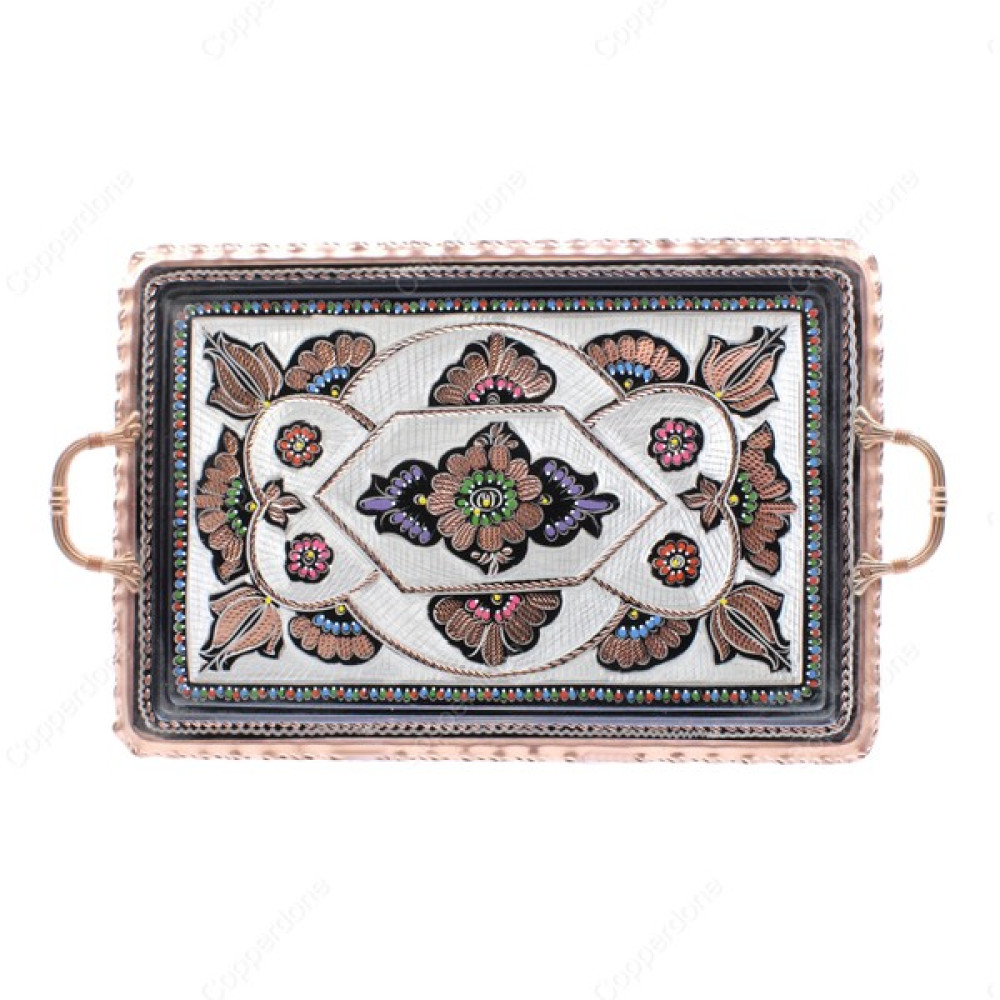 Copperdone Erzincan El Işlemesi Otantik Dikdörtgen Bakır Çay Kahve Servis Tepsisi Siyah Mineli Renk 39X26CM - 39 cm Servis Tepsisi Fiyatı