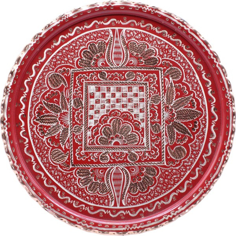 Copperdone Erzincan El Işlemesi Otantik Yuvarlak Bakır Çay Kahve Servis Tepsisi 24CM Kırmızı Renk - 24 cm Servis Tepsisi Fiyatı
