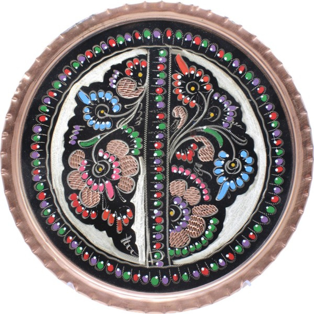 Copperdone Erzincan El Işlemesi Otantik Yuvarlak Bakır Çay Kahve Servis Tepsisi 24CM Siyah Mineli Renk - 24 cm Servis Tepsisi Fiyatı