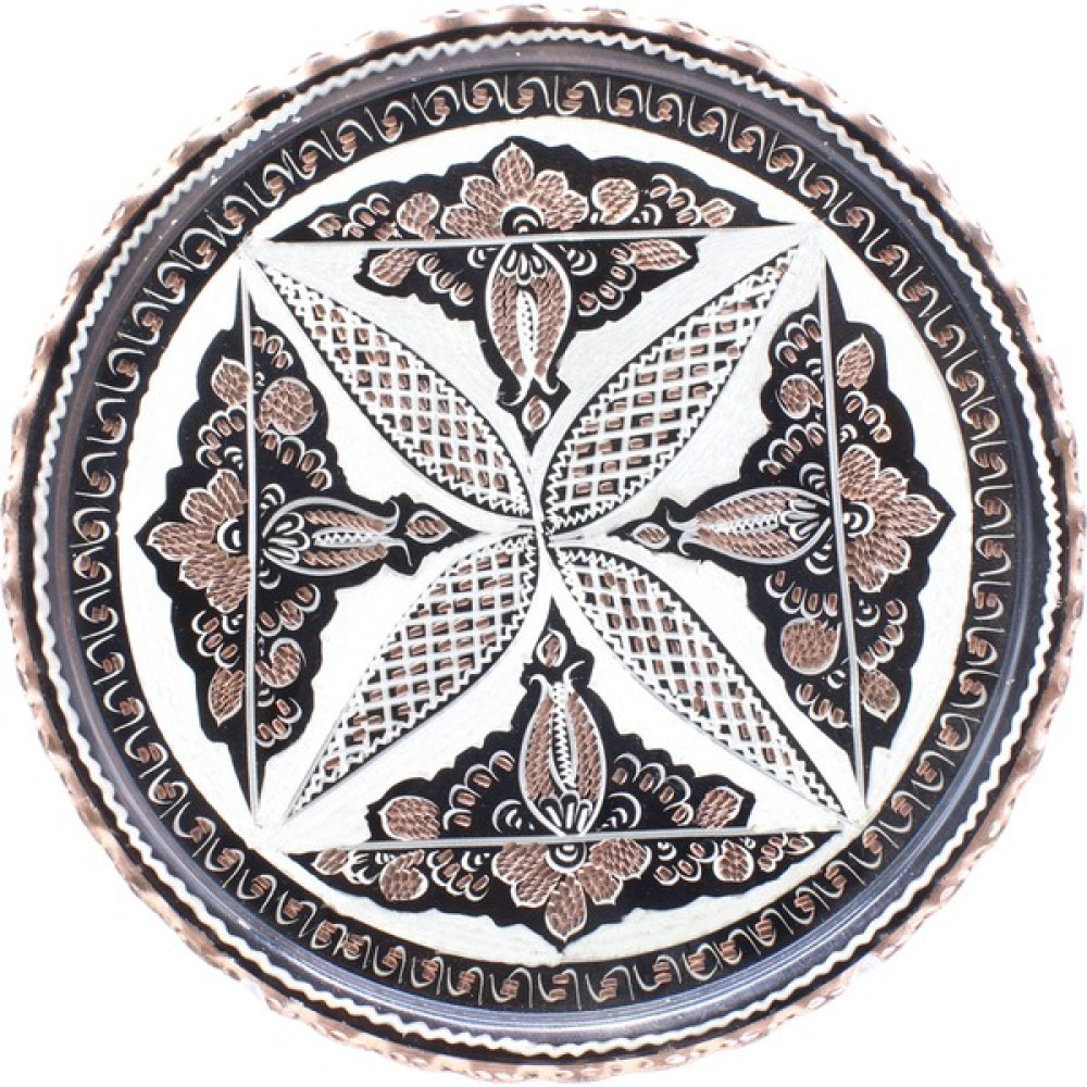 Copperdone Erzincan El Işlemesi Otantik Yuvarlak Bakır Çay Kahve Servis Tepsisi 24CM Siyah Renk - 24 cm Servis Tepsisi Fiyatı