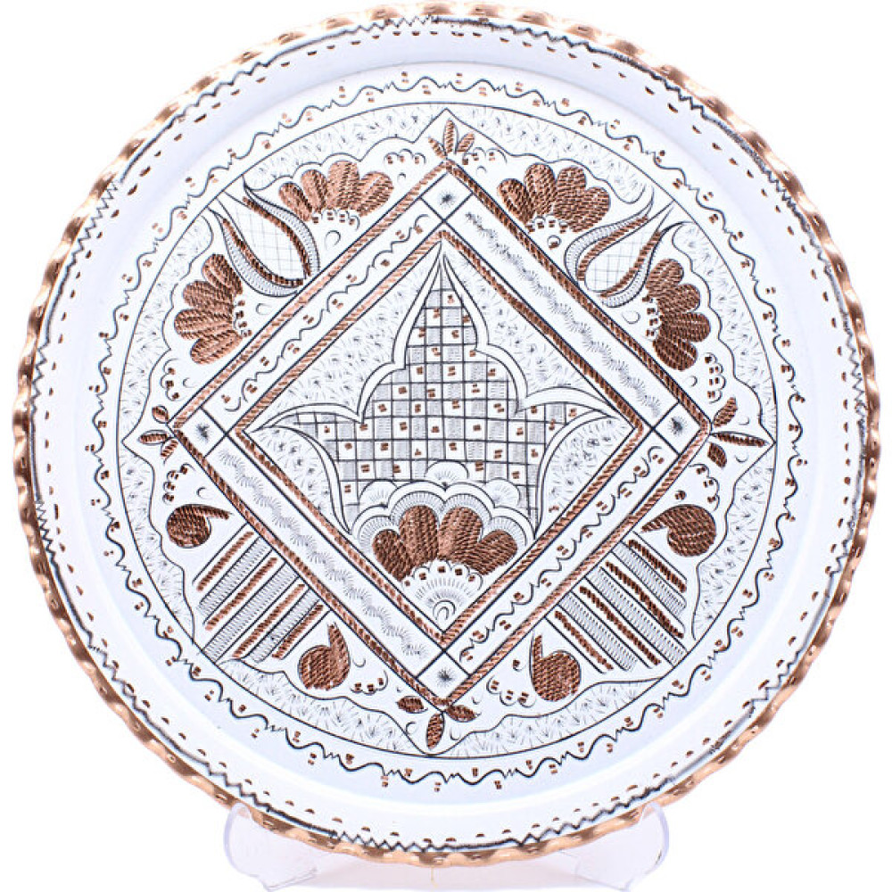 Copperdone Erzincan El Işlemesi Otantik Yuvarlak Bakır Çay Kahve Servis Tepsisi 29CM Beyaz Renk - 29 cm Servis Tepsisi Fiyatı