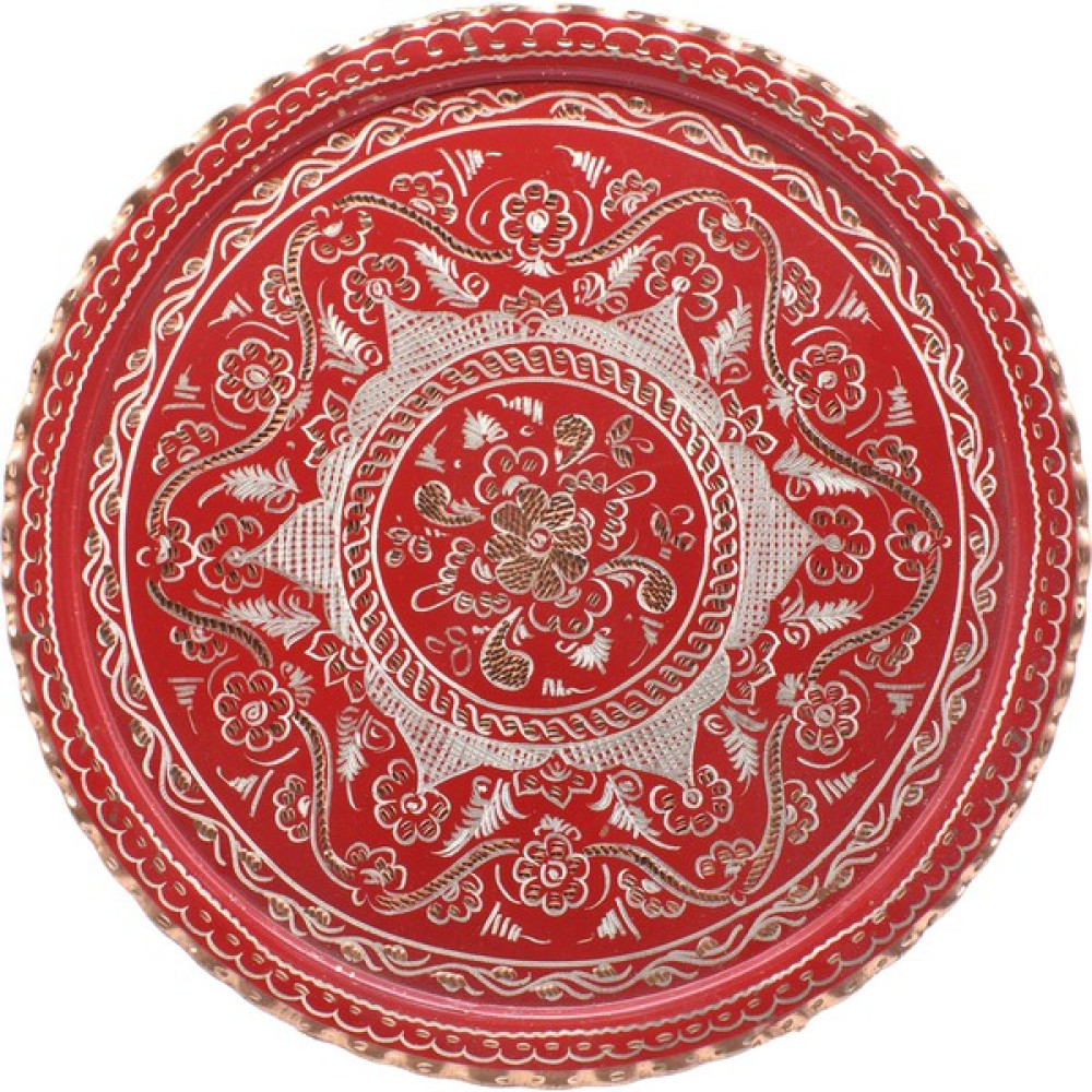 Copperdone Erzincan El Işlemesi Yuvarlak Bakır Çay Kahve Tepsisi Kırmızı Renk 29cm - 29 cm Servis Tepsisi Fiyatı