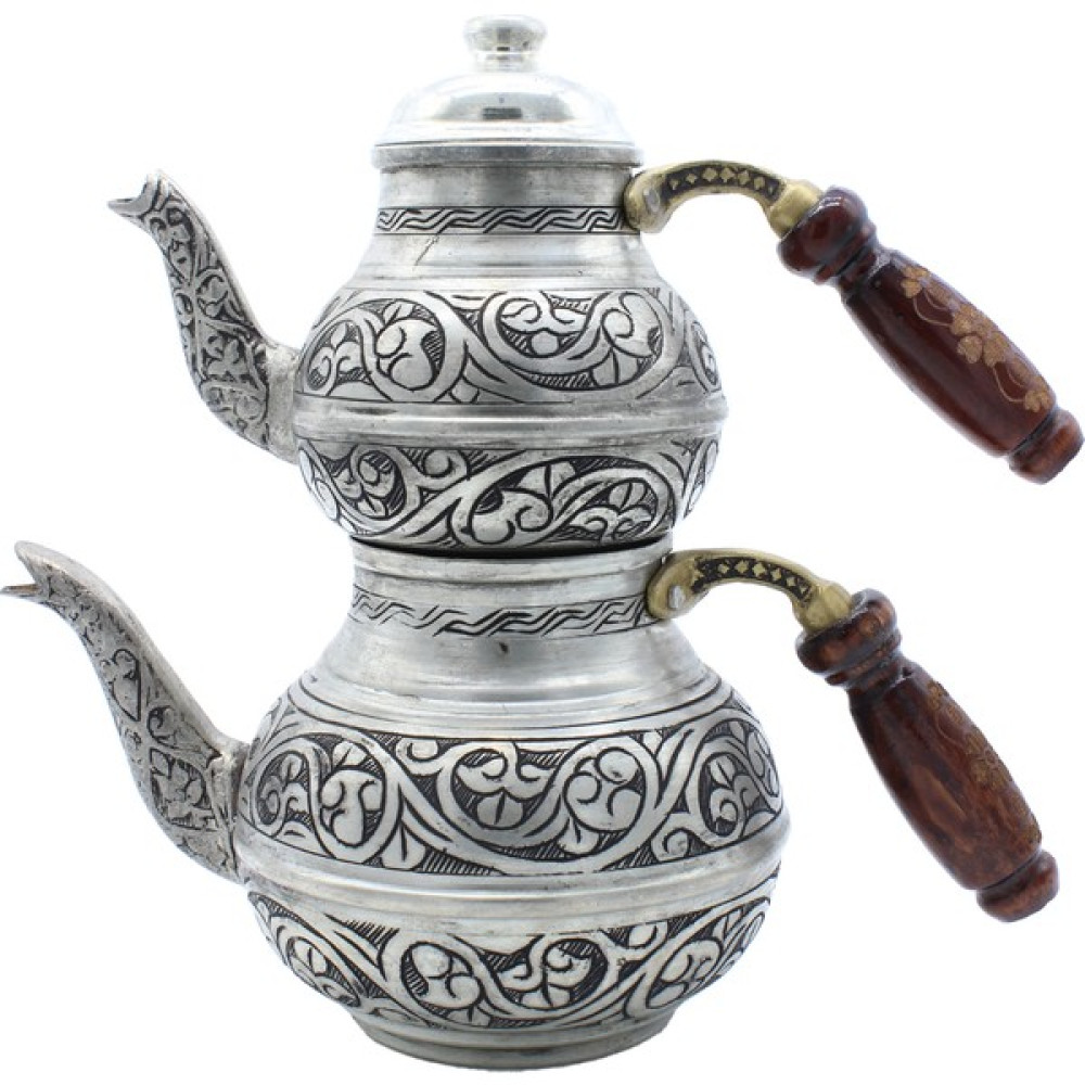 Copperdone Gaziantep Ağır El Işlemeli Büyük Boy Bakır Çaydanlık Antik Gümüş Renk Model 2 Çay / Çaydanlık Setleri Fiyatı