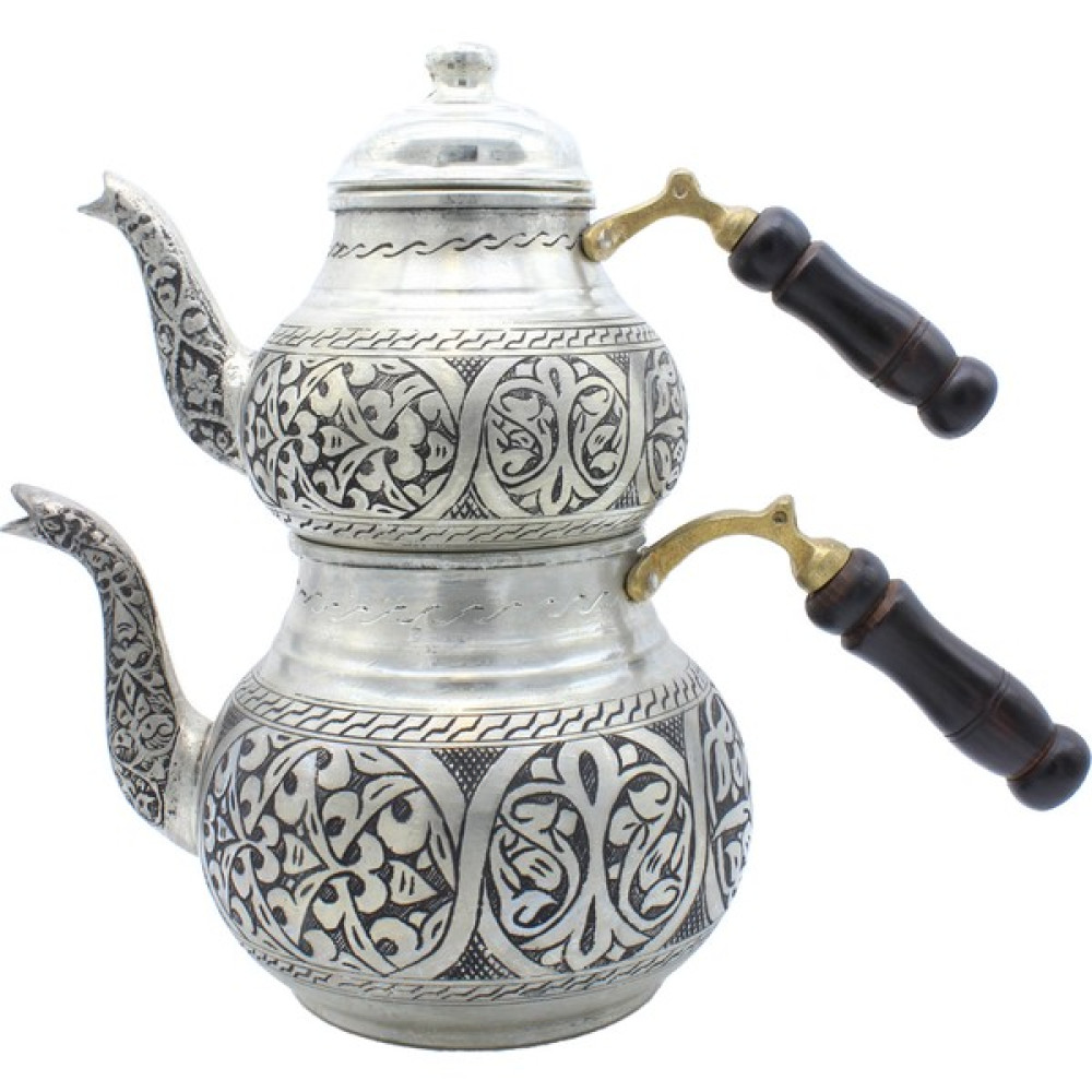 Copperdone Gaziantep Ağır El Işlemeli Büyük Boy Bakır Çaydanlık Antik Gümüş Renk Model 4 Çay / Çaydanlık Setleri Fiyatı
