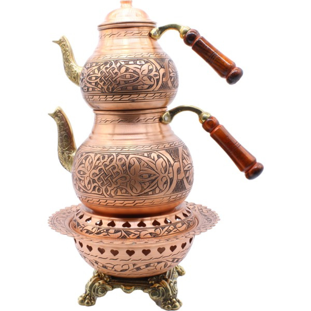 Copperdone Gaziantep Ağır El Işlemeli Büyük Boy Bakır Çaydanlık ve Işlemeli Bakır Çaydanlık Isıtıcı Seti Antik Bakır Renk Model 3 Çay / Çaydanlık Setleri Fiyatı