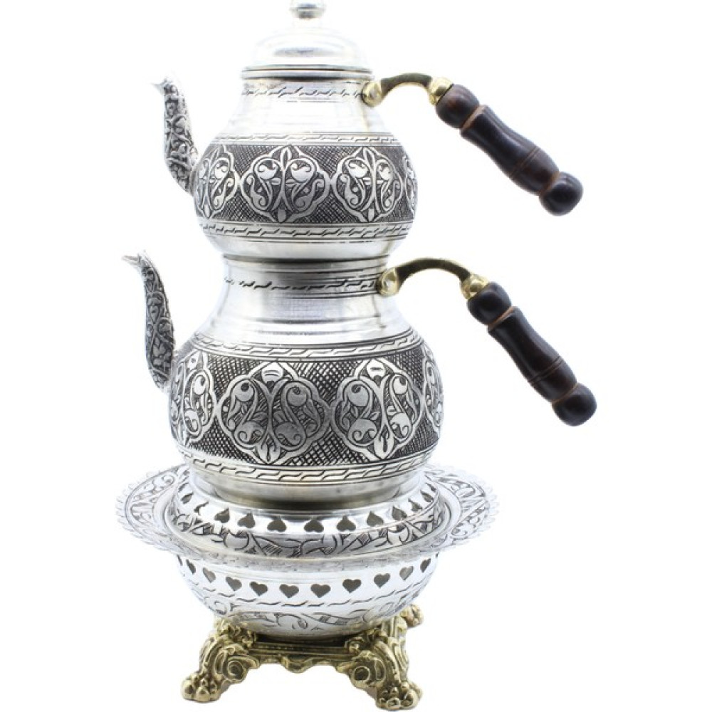 Copperdone Gaziantep Ağır El Işlemeli Büyük Boy Bakır Çaydanlık ve Işlemeli Bakır Çaydanlık Isıtıcı Seti Antik Gümüş Renk Model 1 Çay / Çaydanlık Setleri Fiyatı