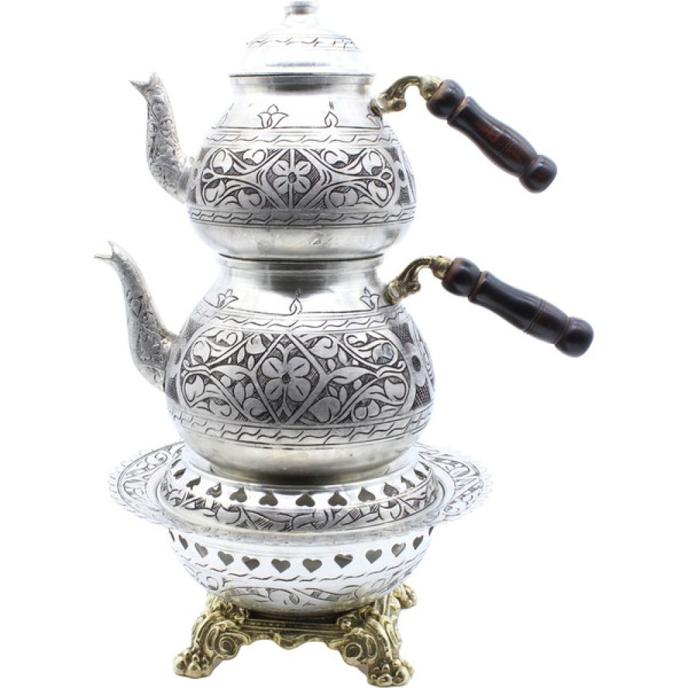 Copperdone Gaziantep Ağır El Işlemeli Büyük Boy Bakır Çaydanlık ve Işlemeli Bakır Çaydanlık Isıtıcı Seti Antik Gümüş Renk Model 2 Çay / Çaydanlık Setleri Fiyatı