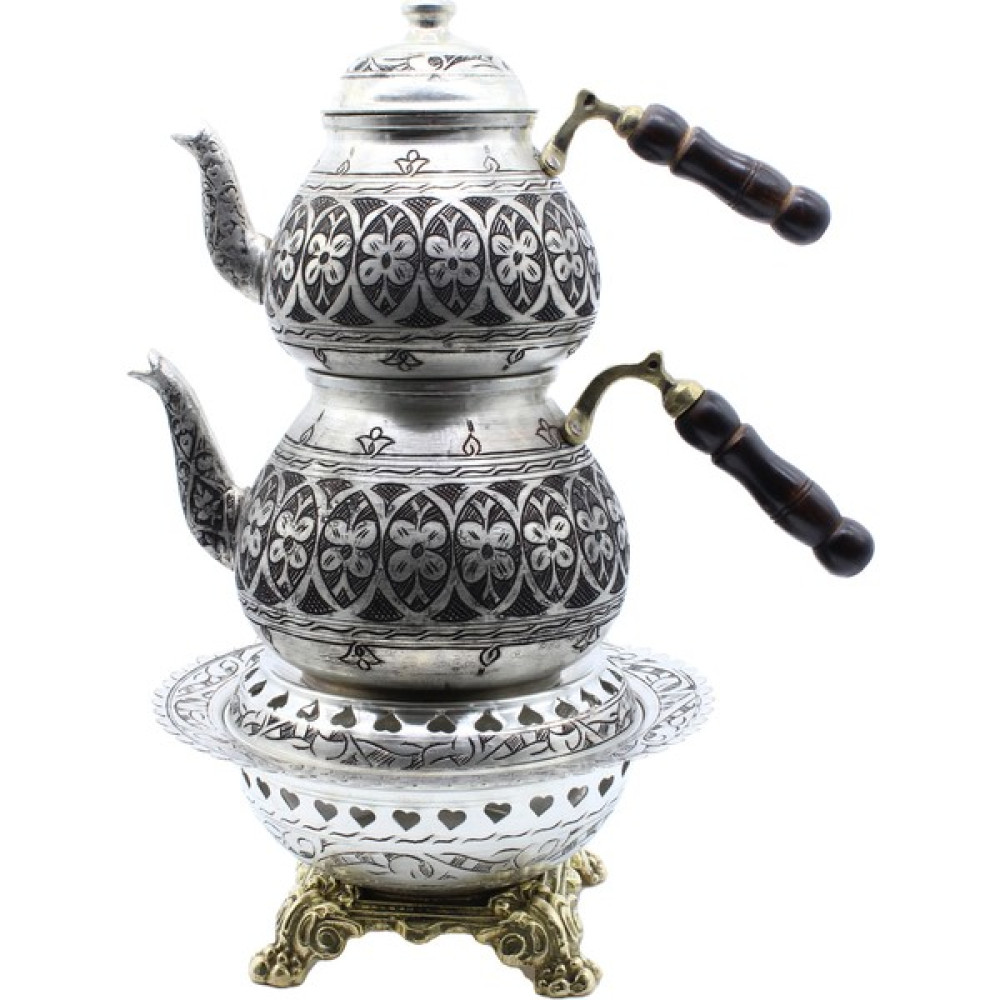 Copperdone Gaziantep Ağır El Işlemeli Büyük Boy Bakır Çaydanlık ve Işlemeli Bakır Çaydanlık Isıtıcı Seti Antik Gümüş Renk Model 4 Çay / Çaydanlık Setleri Fiyatı