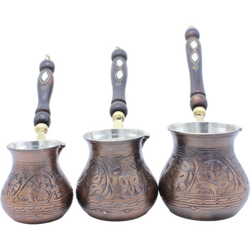 Copperdone Gaziantep El Işlemesi Çiçekli Eskitme Bakır Cezve Bakır Oksit Renk Bakır 3 Lü Cezve Seti Cezve Takımları Fiyatı