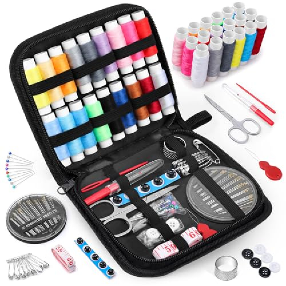 Coquimbo Sewing Kit Gifts for Mom Grandma Women Men Adults Kids Teen Beginner Traveler, Portable Sewing Supplies Accessories Contains Thread, Needles, Scissors, College Dorm Room Essentials (Black, M)