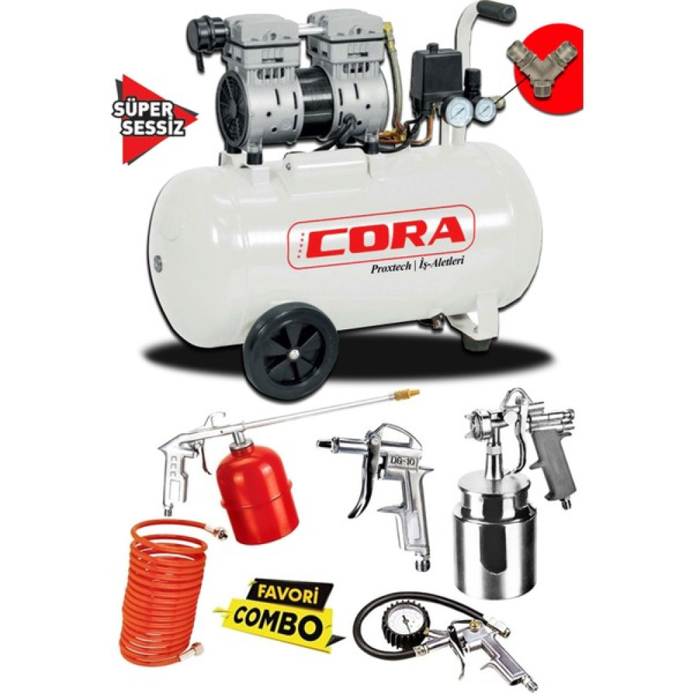 Cora 50 Litre Süper Sessiz Yağsız Hava Kompresörü ve Havalı Alet Seti Boya Seti 1 Hp Hava Kompresörü Fiyatı