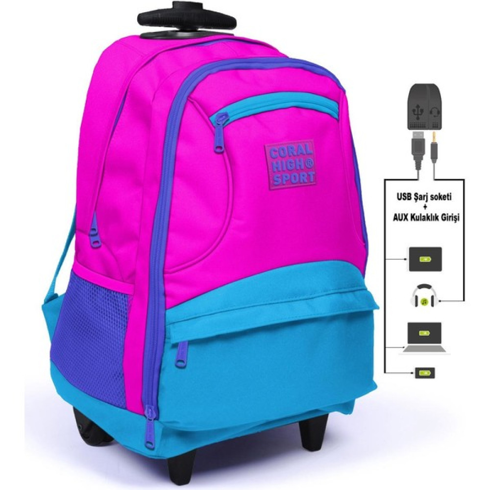 Coral High 23253 Sport Dört Bölmeli Usb Şarjlı Kulaklık Çıkışlı Çekçekli Sırt Çantası Pembe - Mavi Okul Çantası Fiyatı