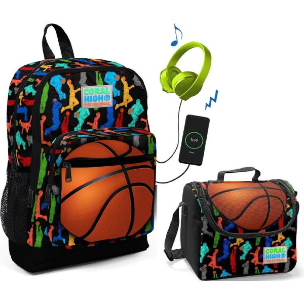 Coral High Basketbol Baskılı Okul Çantası ve Beslenme Çantası Seti - Erkek Çocuk - USB Soketli Okul Çantası Fiyatı