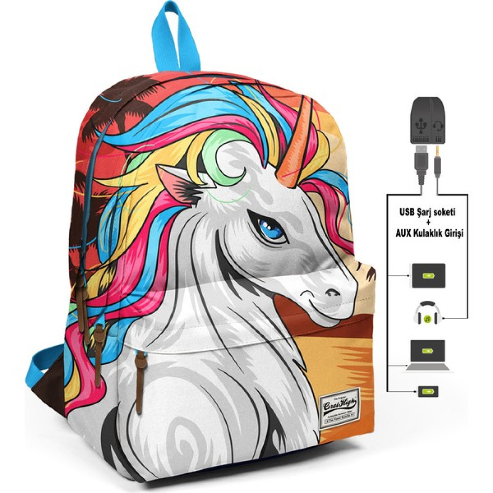 Coral High Büyük Unicornlu Üç Bölmeli USB Şarjlı Kulaklık Çıkışlı Sırt Çantası Okul Çantası Fiyatı
