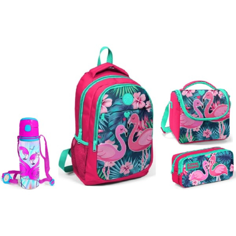 Coral High Flamingo Baskılı Beslenme Okul Çantası Kalemlik + Matara Okul Çantası Fiyatı