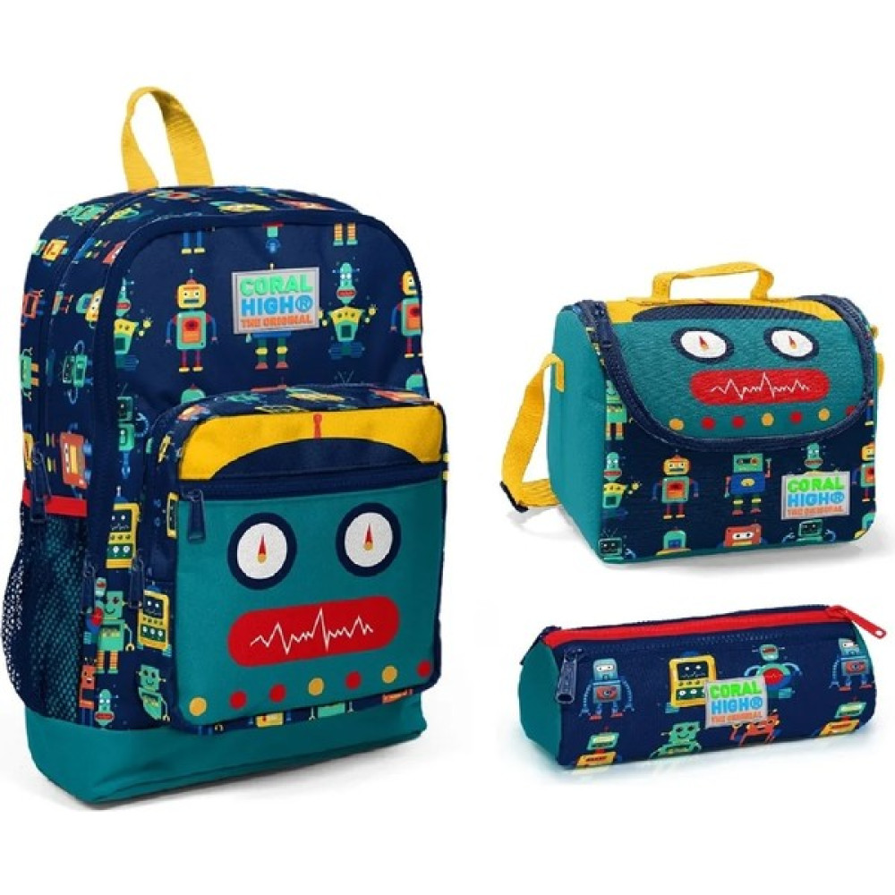 Coral High Kids Dört Bölmeli Robot Desenli 3'Lü Okul Çanta Seti Okul Çantası Fiyatı