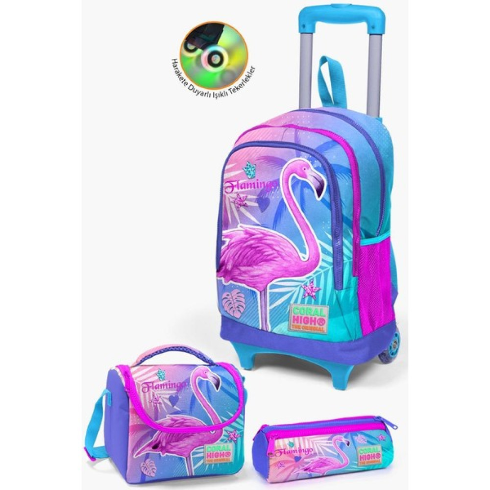 Coral High Kids Lavanta Pembe Flamingo Desenli Çekçekli 3'lü Çanta Seti GOSET0123905 Unisex Sırt Çantası Fiyatı